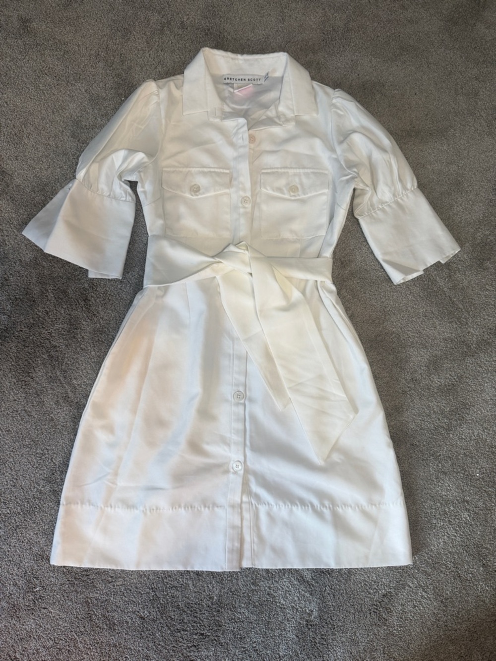 Gretchen Scott Designs White Collared Shirt Dress Button Up Tie Belt